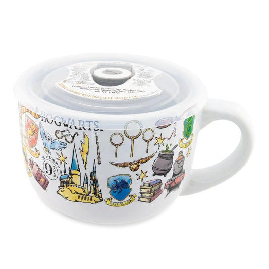 Silver Buffalo Harry Potter Hogwarts Destination Ceramic Soup Mug Bowl With Vented Lid and Handle For Ice Cream Cereal Beverages | Holds 24 Ounces